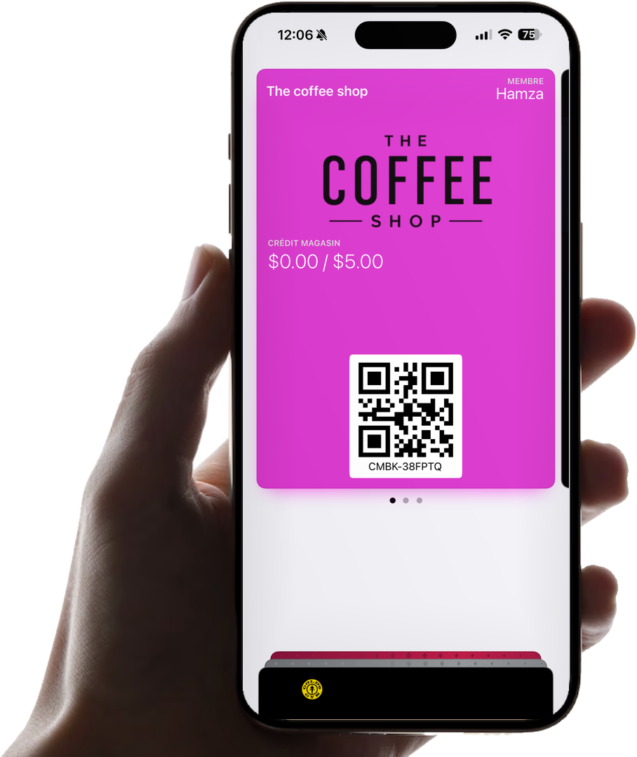 A hand holding an iPhone with the Comeback loyalty pass in Apple Wallet